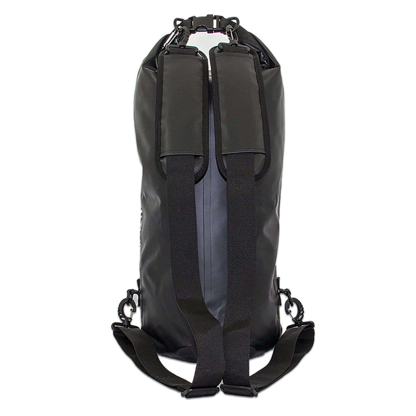 waterproof dry bag backpack 20 litres with detachable comfort straps, D rings and handle in black back view