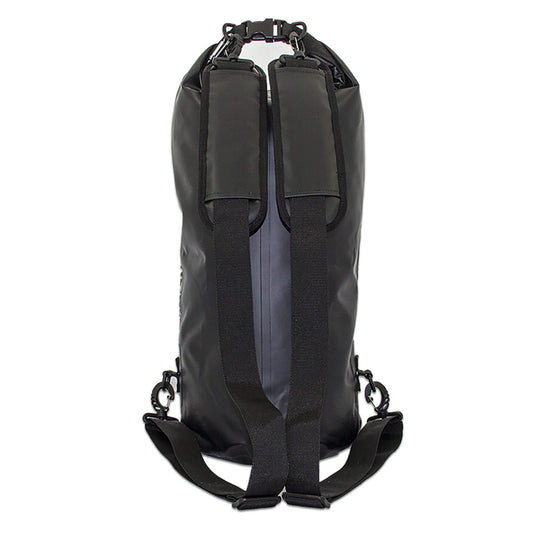 waterproof dry bag  backpack 20 litres with detachable comfort straps, D rings and handle in black back view
