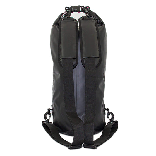 waterproof dry bag backpack 20 litres with detachable comfort straps, D rings and handle in black back view