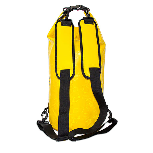 dry bag with comfort straps in yellow, is waterproof roll top, D rings and handle back view