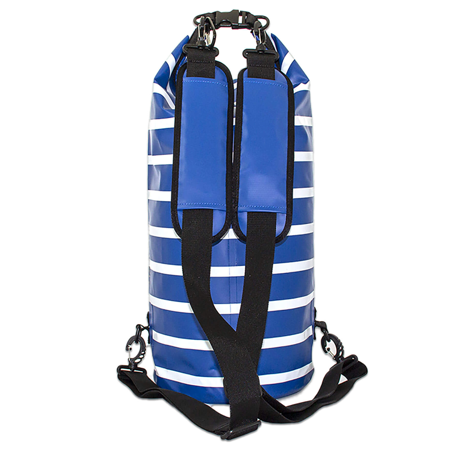 waterproof dry bag 20 litres with detachable comfort straps, D rings and handle in blue and white stripe design back view