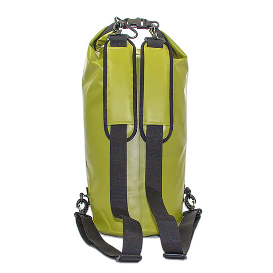 waterproof dry bag backpack in 20 litres with detachable comfort straps, D rings and handle in an olive green colour back view