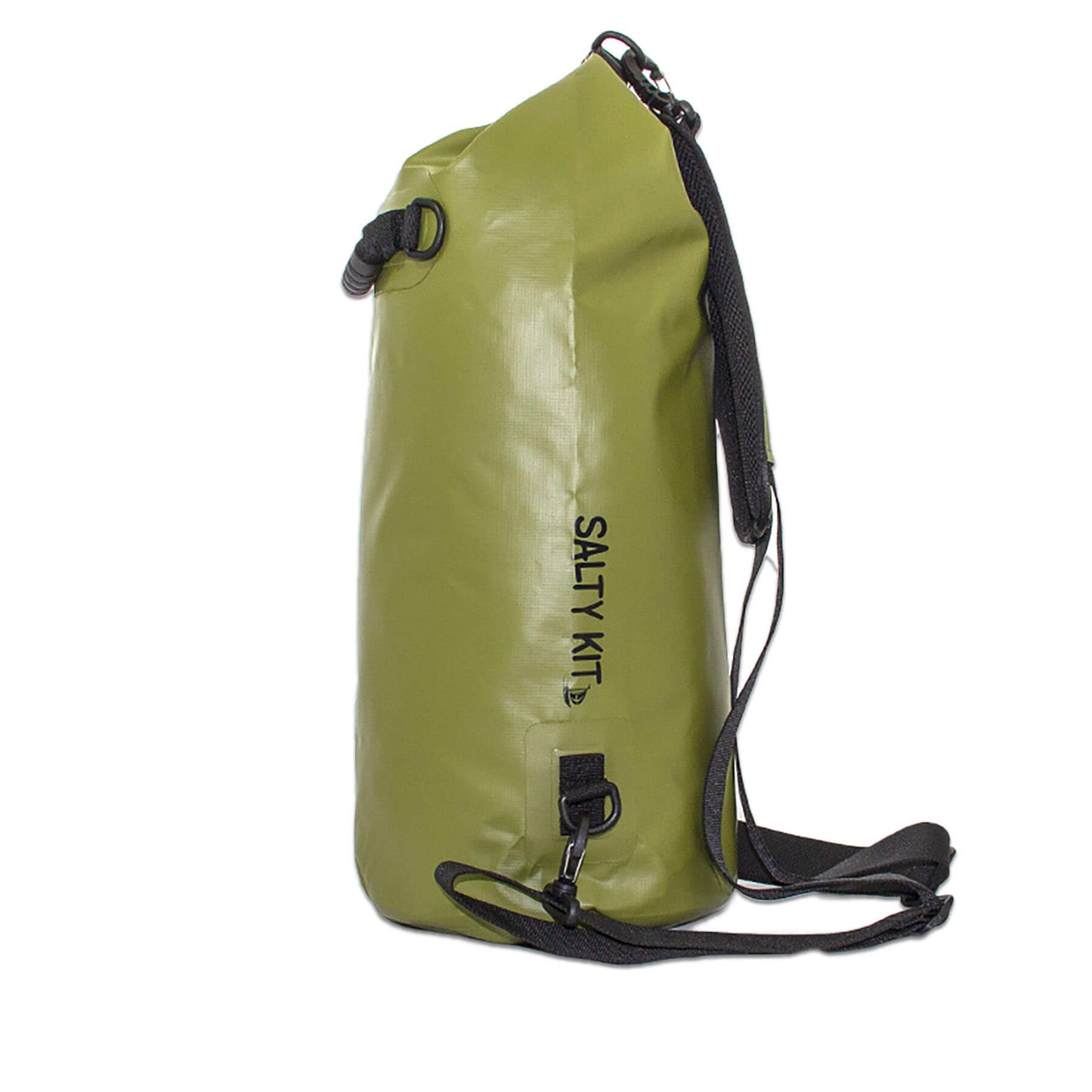 waterproof dry for kayaking, 20 litres with detachable comfort straps, D rings and handle in an olive green colour side view