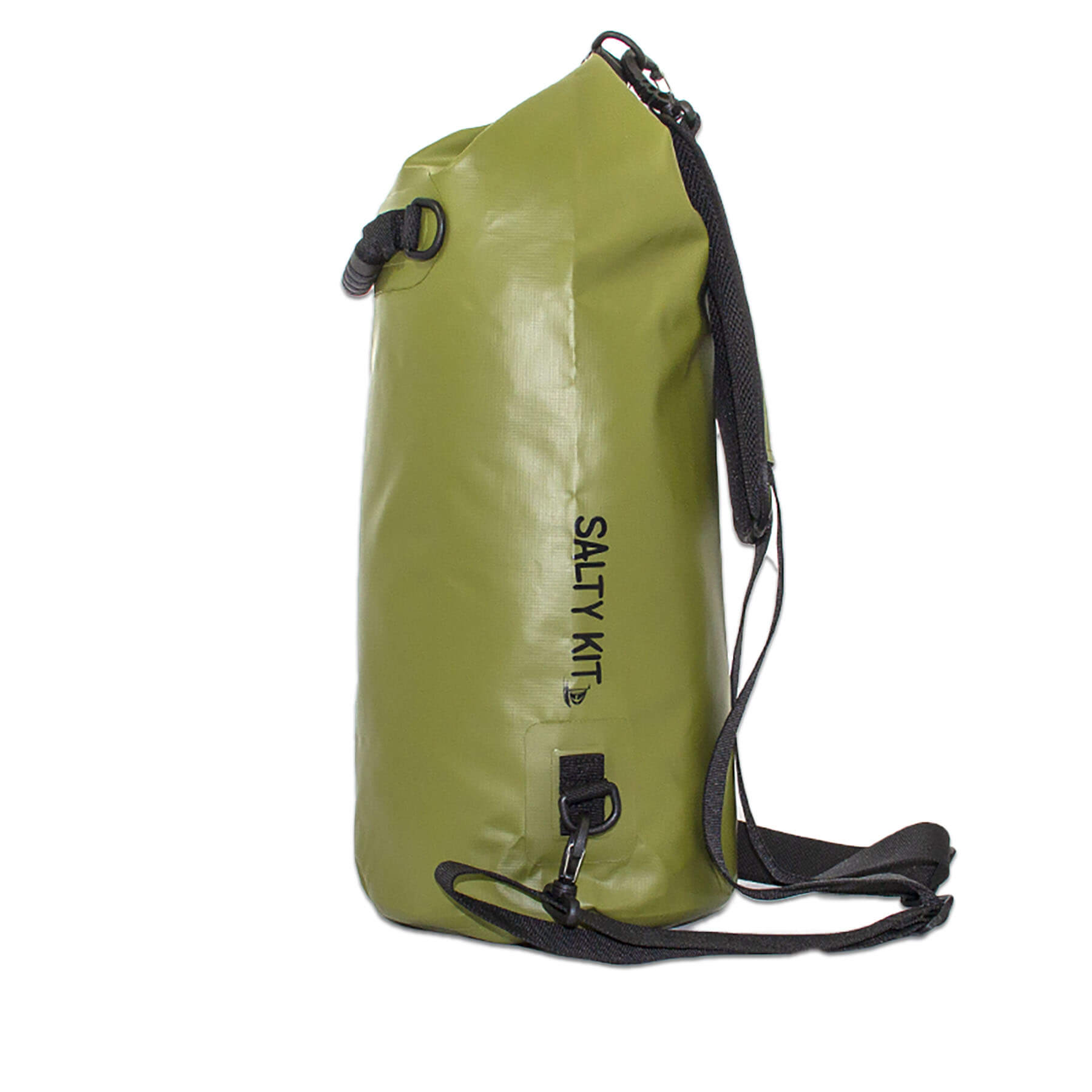 waterproof dry for kayaking, 20 litres with detachable comfort straps, D rings and handle in an olive green colour side view