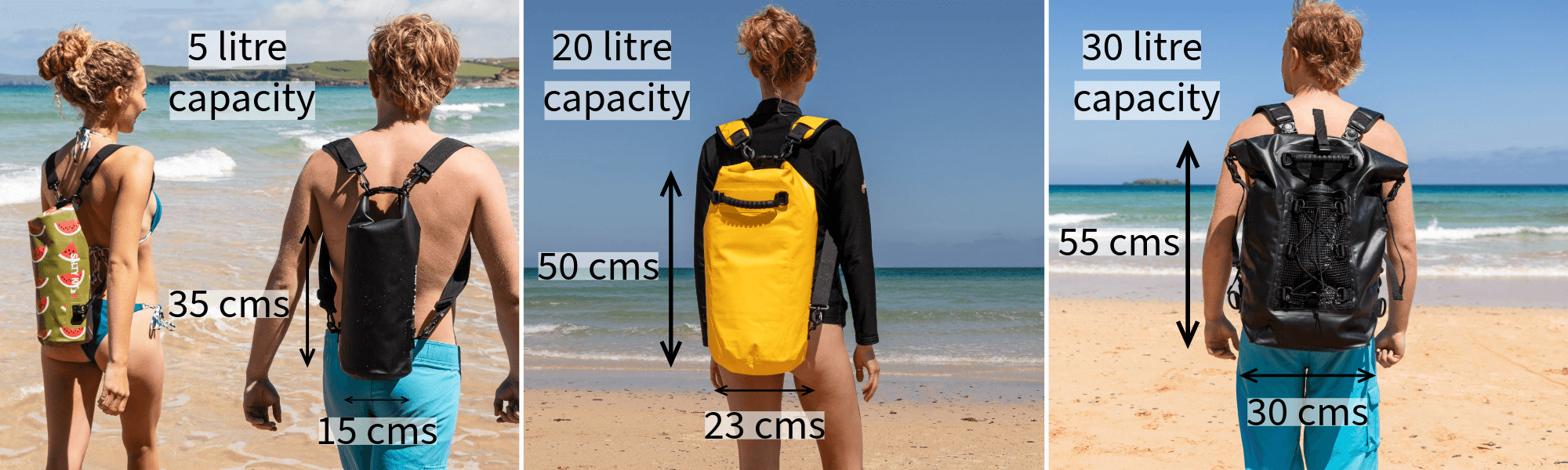 size guide image for all 3 sizes of bags