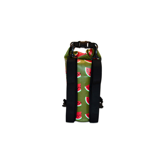 Green dry bag with watermelon pattern and black straps on a white background