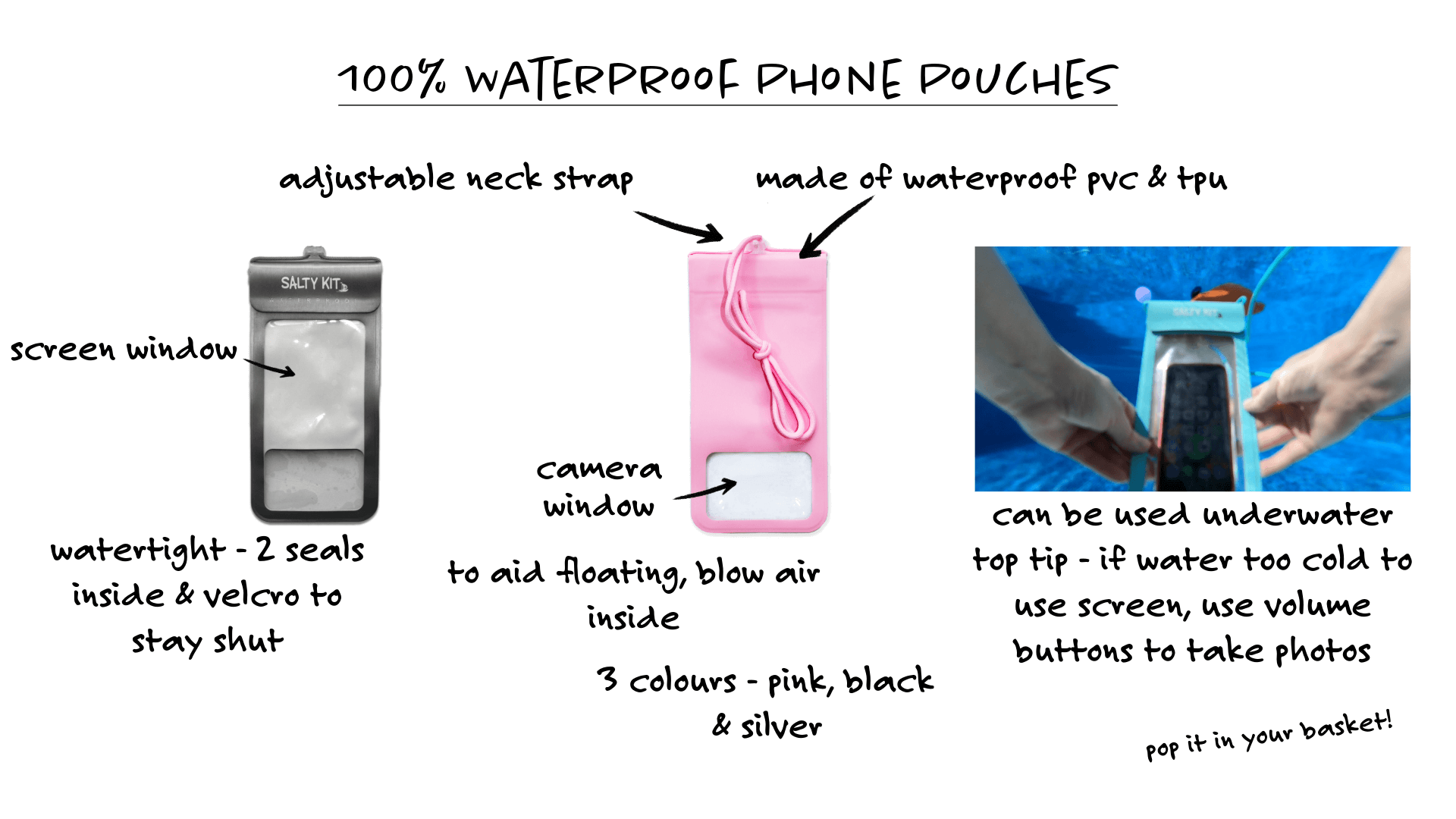 all the USPs for the waterproof phone pouches such as it has a screen window, its watertight with 2 seals inside and velcro to stay shut, a camera window, to aid floating just blow air inside, adjustable neck strap, made of waterproof pvc and tpu and can be used underwater, top tip if the water is too cold to use the screen, use your volume buttons to take photos so put it in your basket!