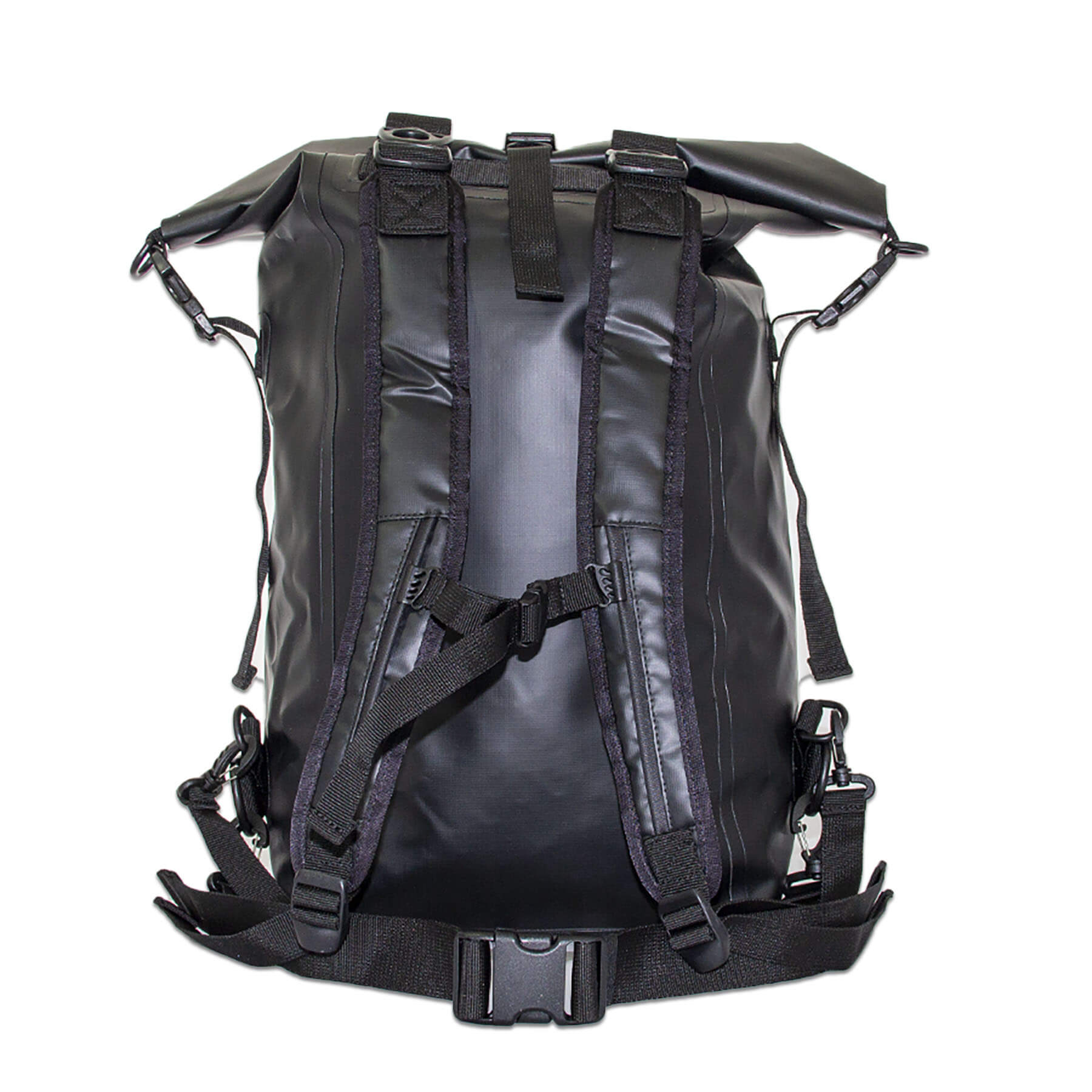 a smart looking sturdy waterproof dry bag backpack 30 litres in black back view studio shot
