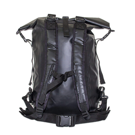 a smart looking sturdy waterproof dry bag backpack 30 litres in black back view studio shot