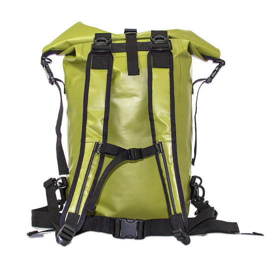 large waterproof dry bag backpack 30 litres in olive back view showing all the detachable straps