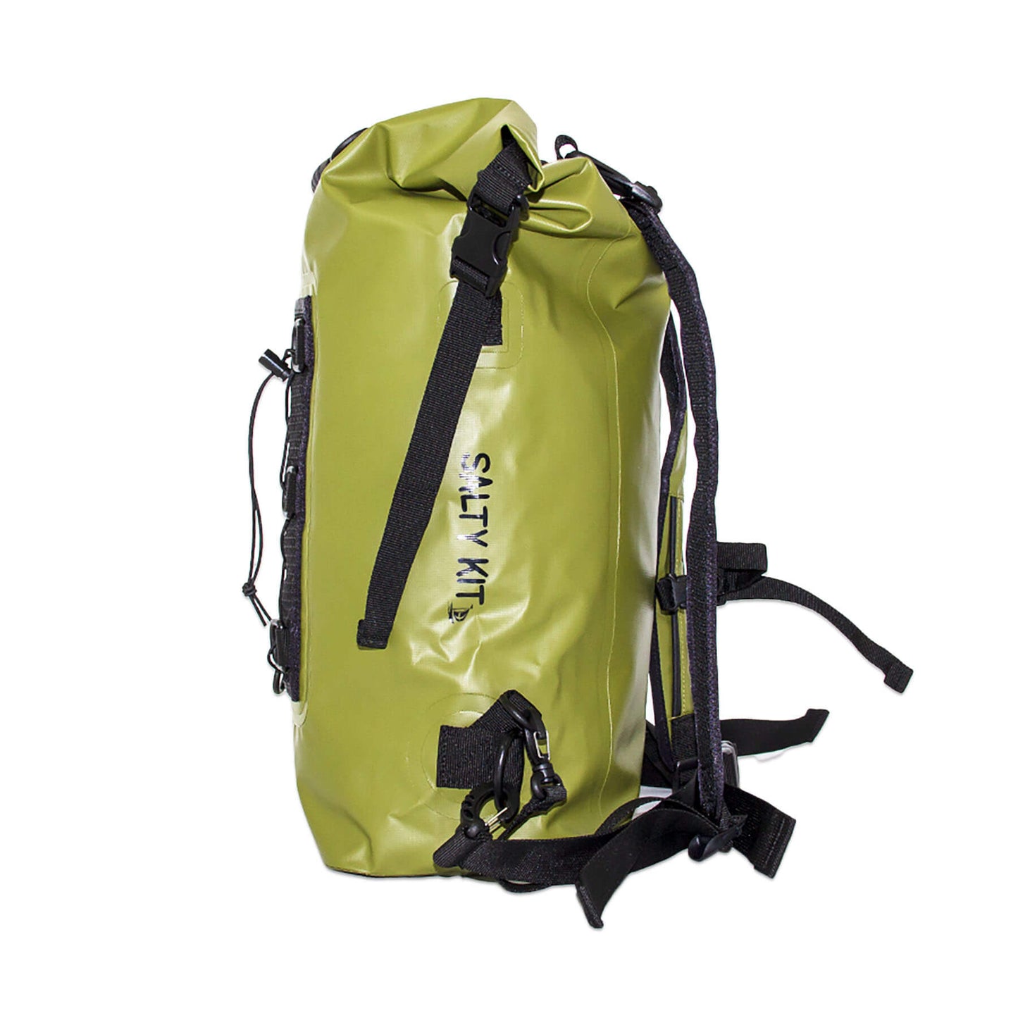 large waterproof dry bag backpack 30 litres in olive side view