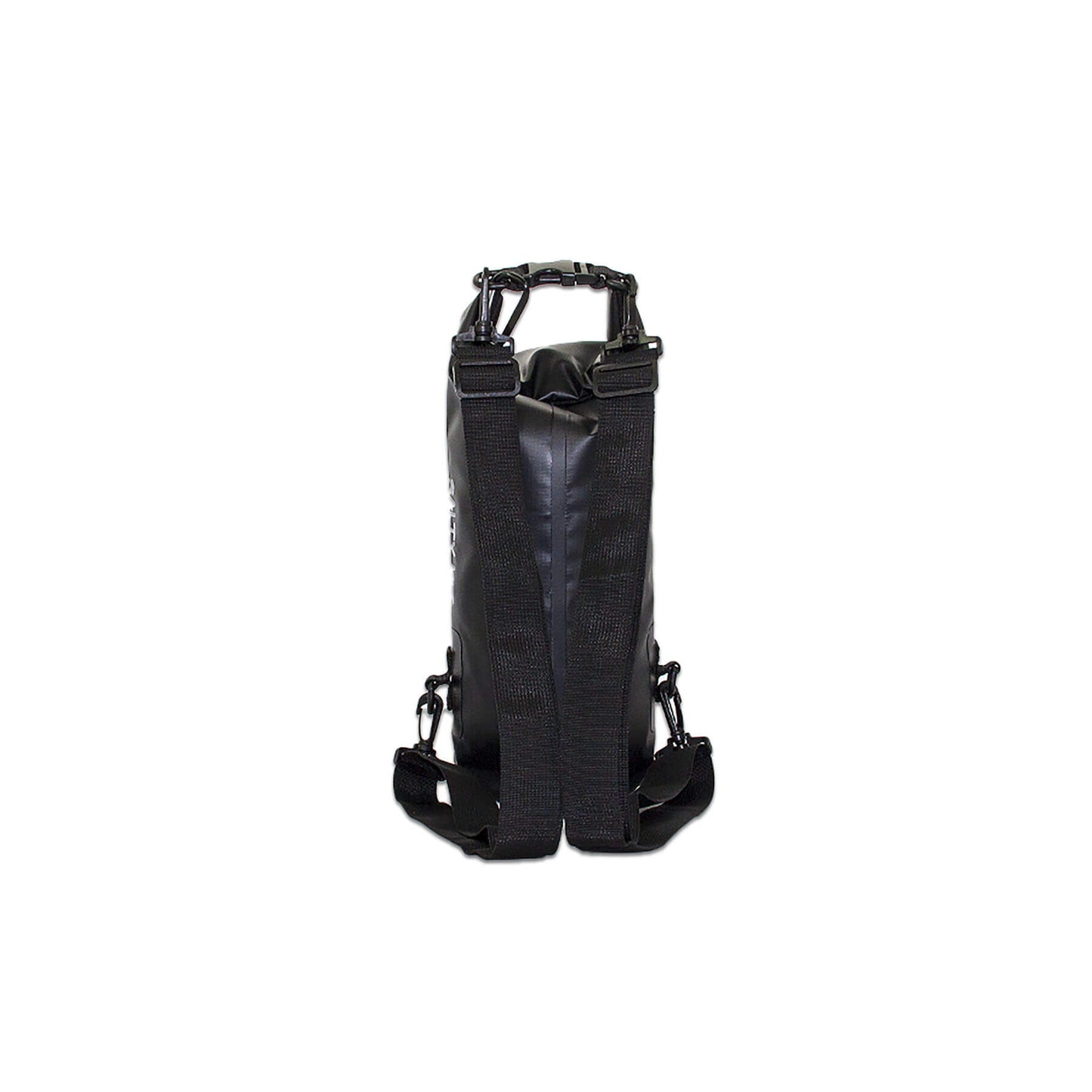small waterproof bag a handy grab size with detachable straps and carabiner  in black the view of the back