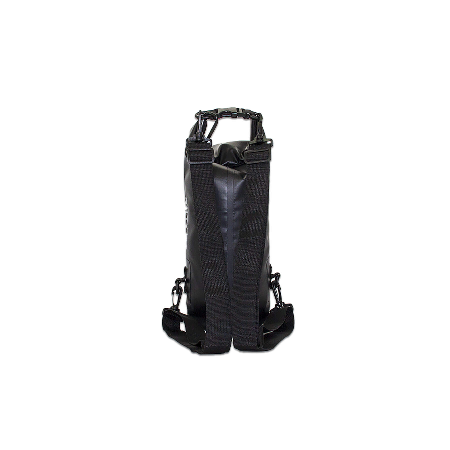 small waterproof bag a handy grab size with detachable straps and carabiner  in black the view of the back