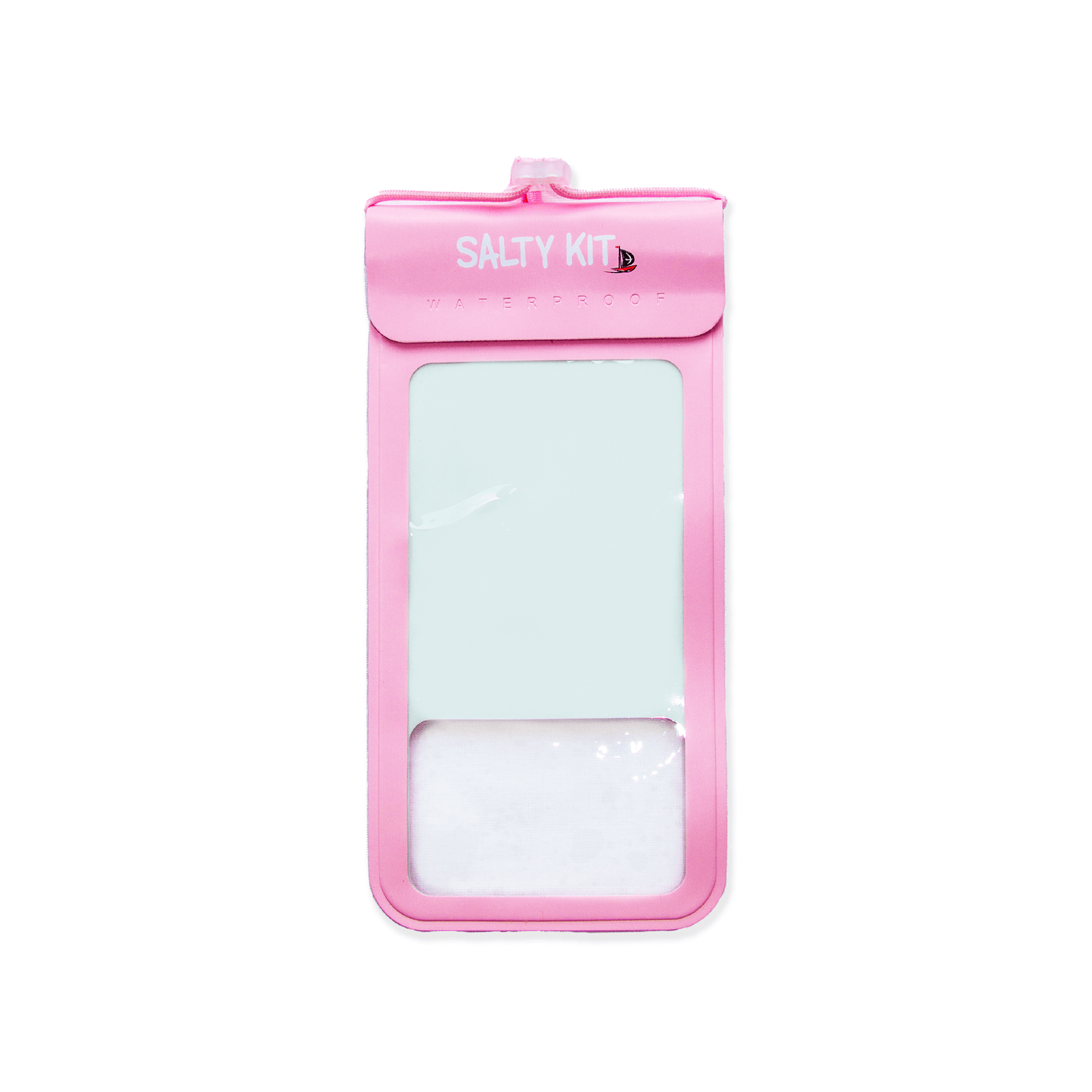 waterproof phone case in light pink with neck strap