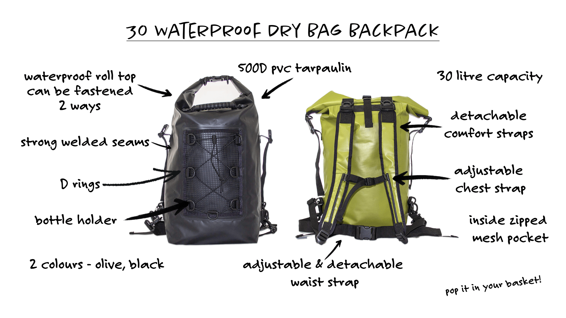 Black 30L Waterproof Backpack for Sale Extra large Dry Bag Salty Kit