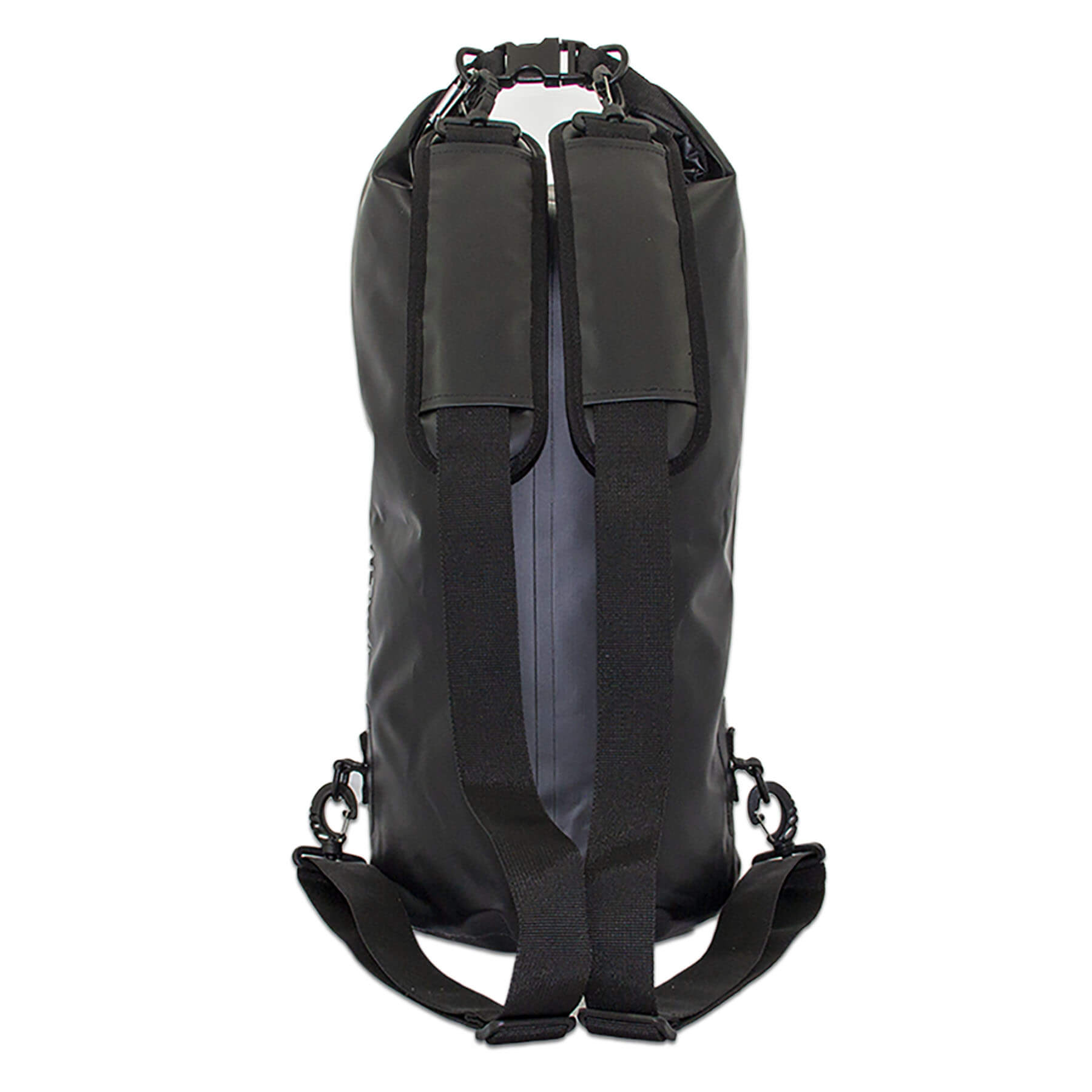 waterproof dry bag 20 litres with detachable comfort straps, D rings and handle in black back view