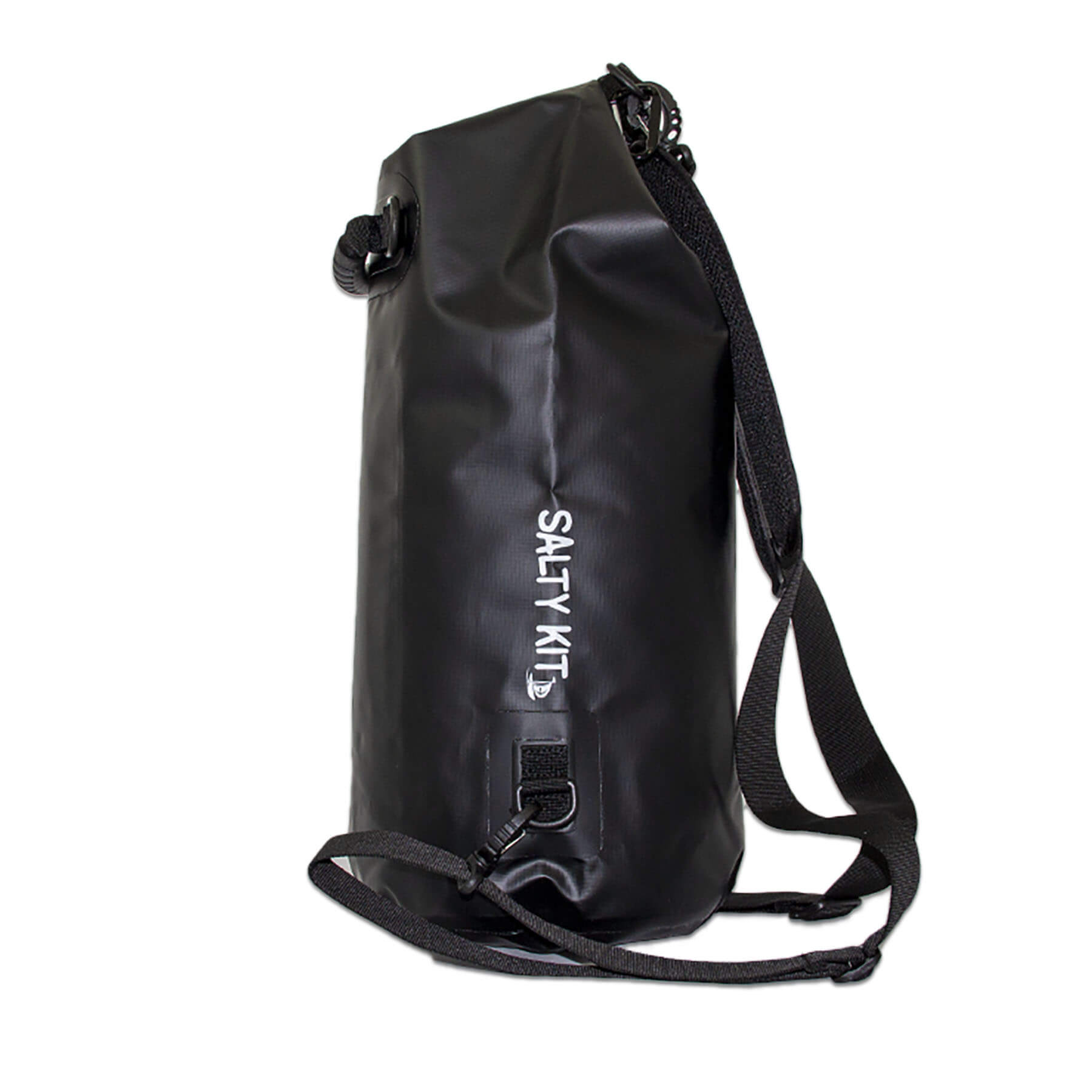 waterproof dry bag 20 litres with detachable comfort straps, D rings and handle in black side view