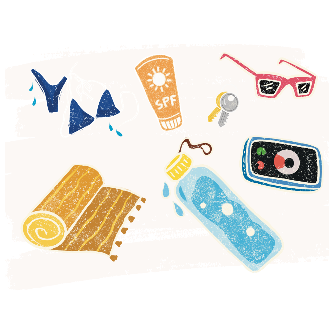 Illustrations of beach accessories including sunglasses, sunscreen, and a towel on a white background.