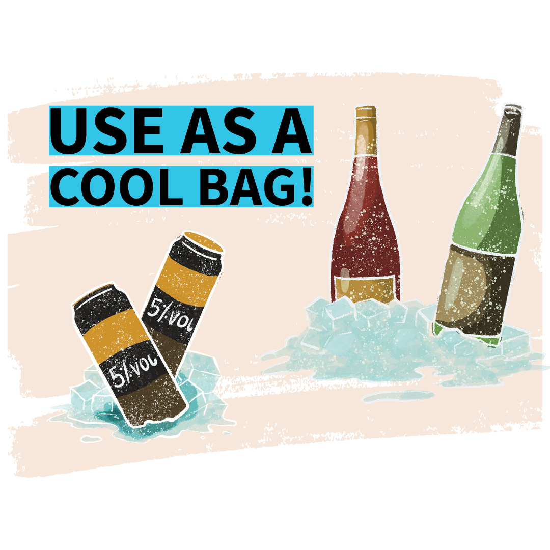 Promotional graphic for a cool bag with beer bottles and ice cubes.
