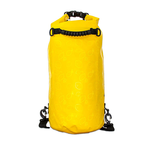 waterproof dry bag 20 litres with detachable comfort straps, D rings and handle in yellow with lemon print design front view