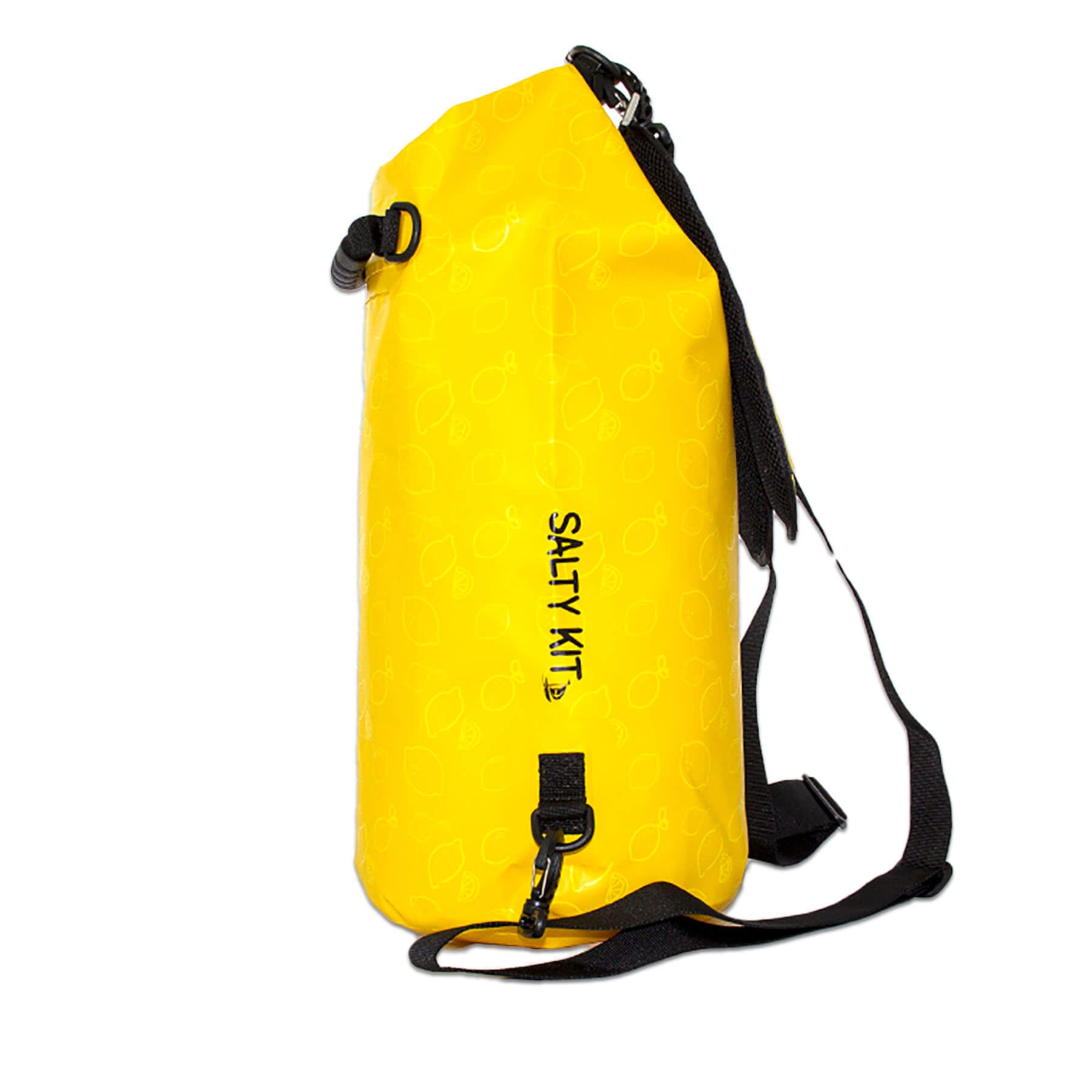 waterproof dry bag 20 litres with detachable comfort straps, D rings and handle in yellow with lemon print design side view