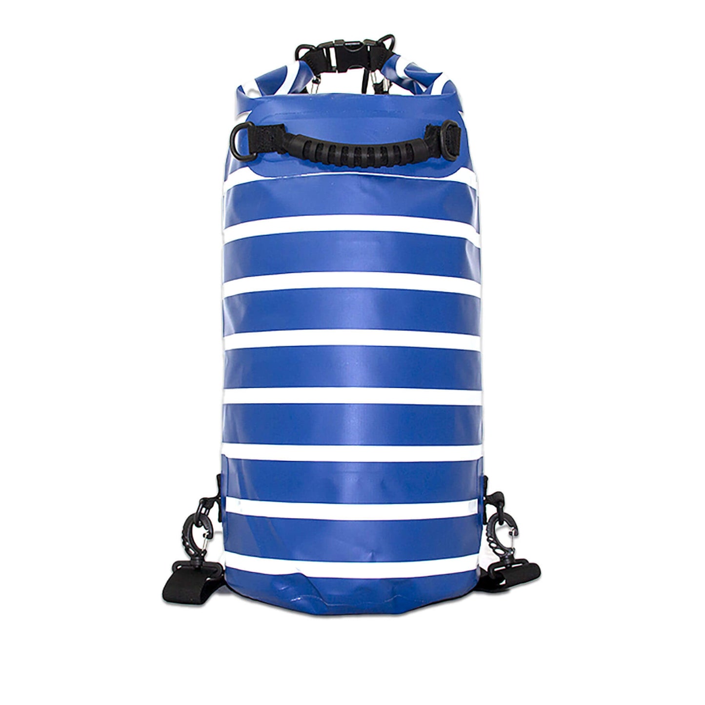 waterproof dry bag 20 litres with detachable comfort straps, D rings and handle in blue and white stripe design front view 