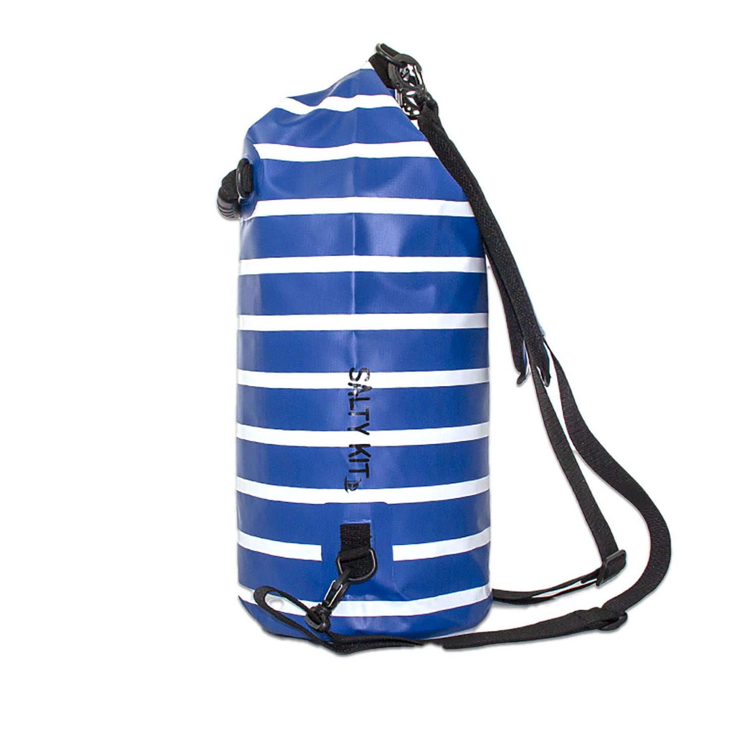 waterproof dry bag 20 litres with detachable comfort straps, D rings and handle in blue and white stripe design side view