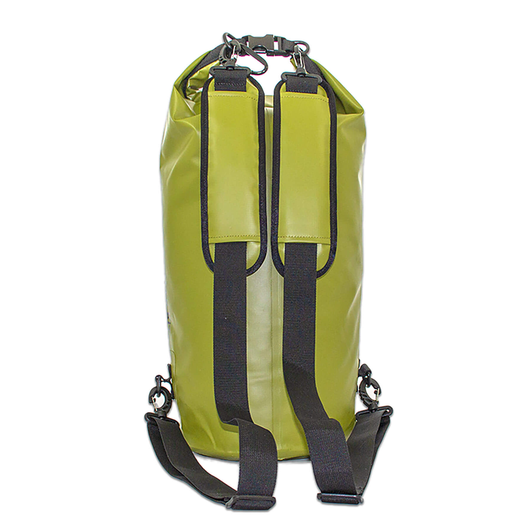 waterproof dry bag 20 litres with detachable comfort straps, D rings and handle in an olive green colour back view 