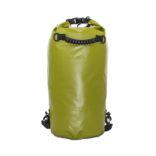 waterproof dry bag 20 litres with detachable comfort straps, D rings and handle in an olive green colour front view