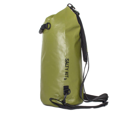 waterproof dry bag 20 litres with detachable comfort straps, D rings and handle in an olive green colour side view