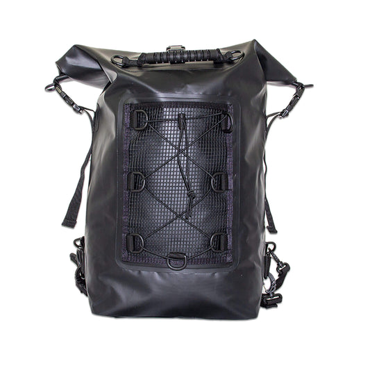 a sturdy large waterproof dry bag backpack 30 litres in black front view studio shot 
