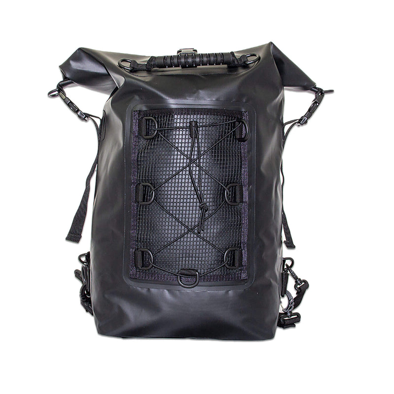 a sturdy large waterproof dry bag backpack 30 litres in black front view studio shot 