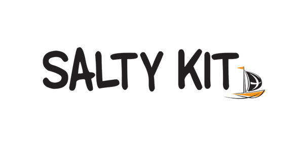 Buy waterproof dry bags and phone cases from Salty Kit.  This image shows the Salty Kit logo with the name Salty Kit and an orange sail boat with the Cornish Flag as its sail.