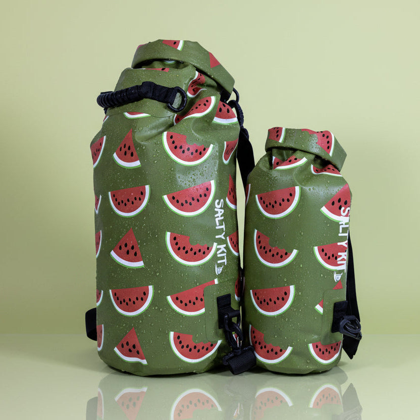 20 litre and 5 litre watermelon dry bags by salty kit 