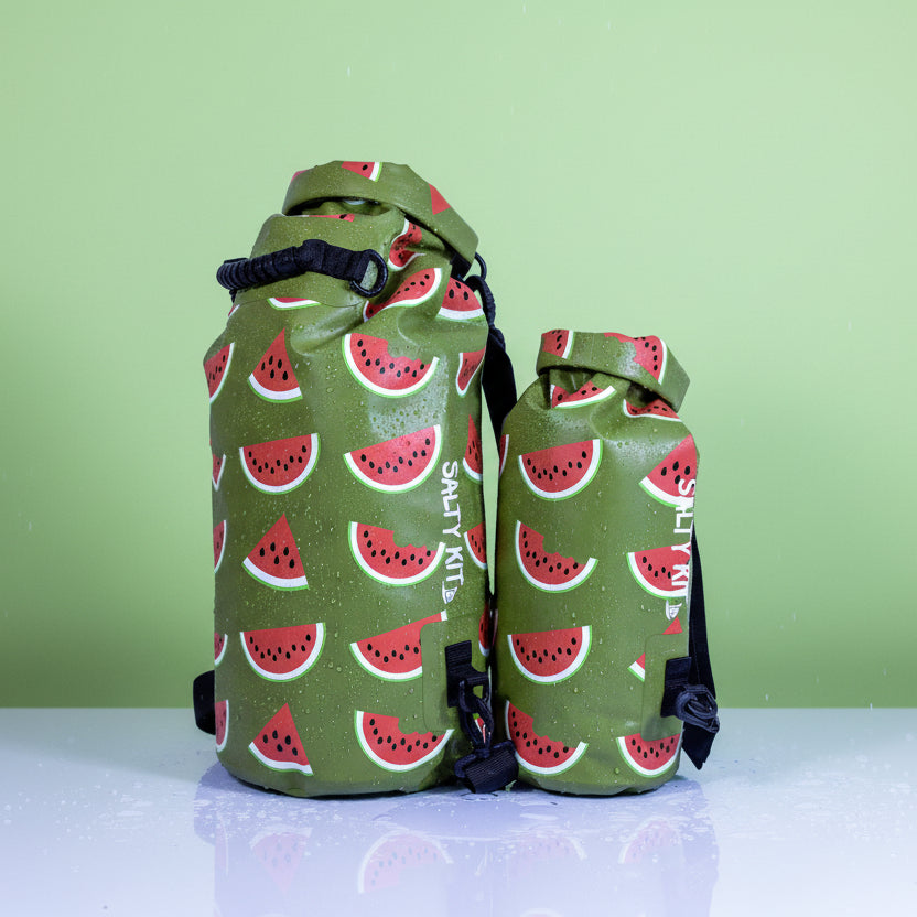 Two dry bags with watermelon pattern on a white background