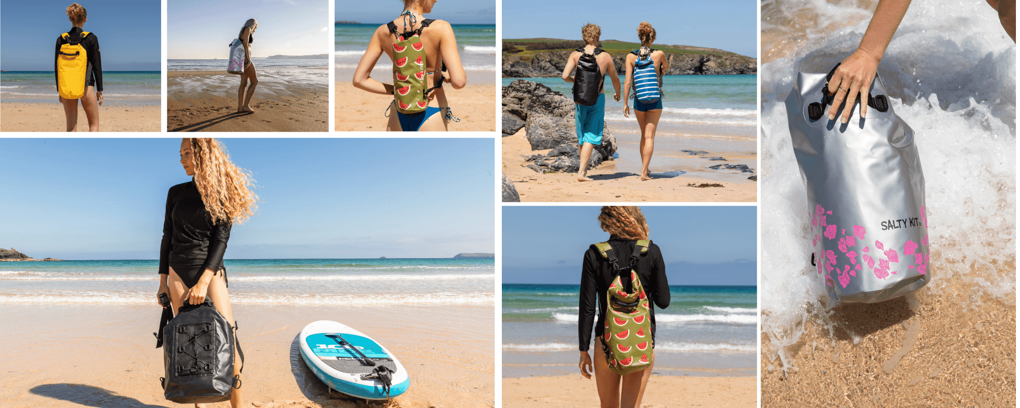 Collage of people with backpacks on a beach, with a focus on the Salty Kit  branded backpack.