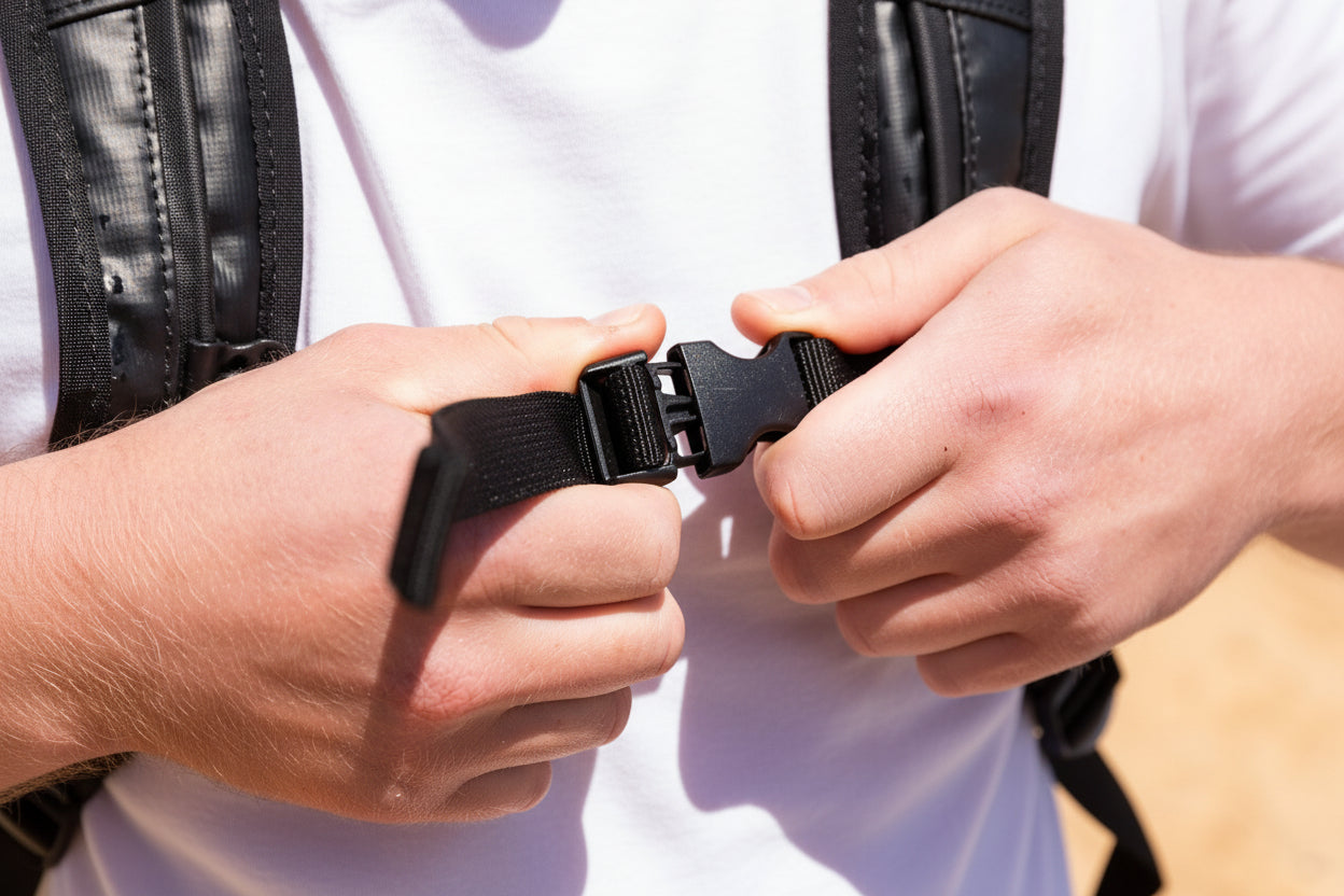 Person adjusting a black strap on a leather jacket.