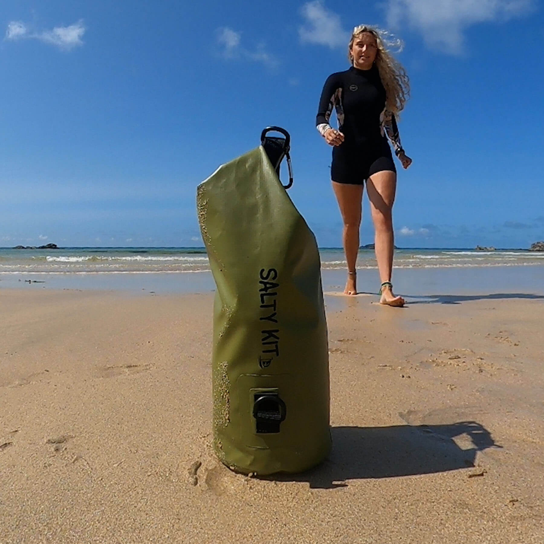 the small 5 litre dry bag in an olive colour by salty kit