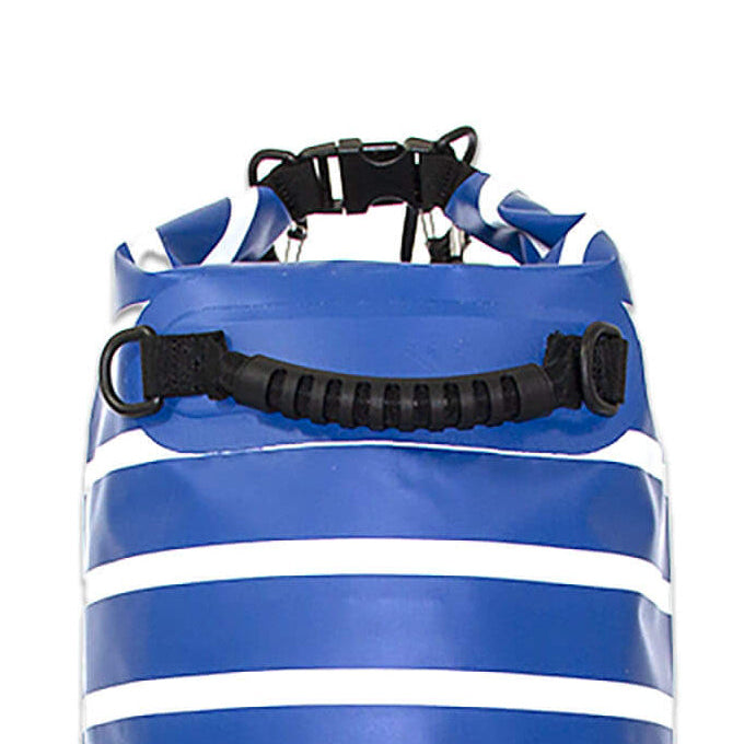Blue and white striped bag with black straps on a white background