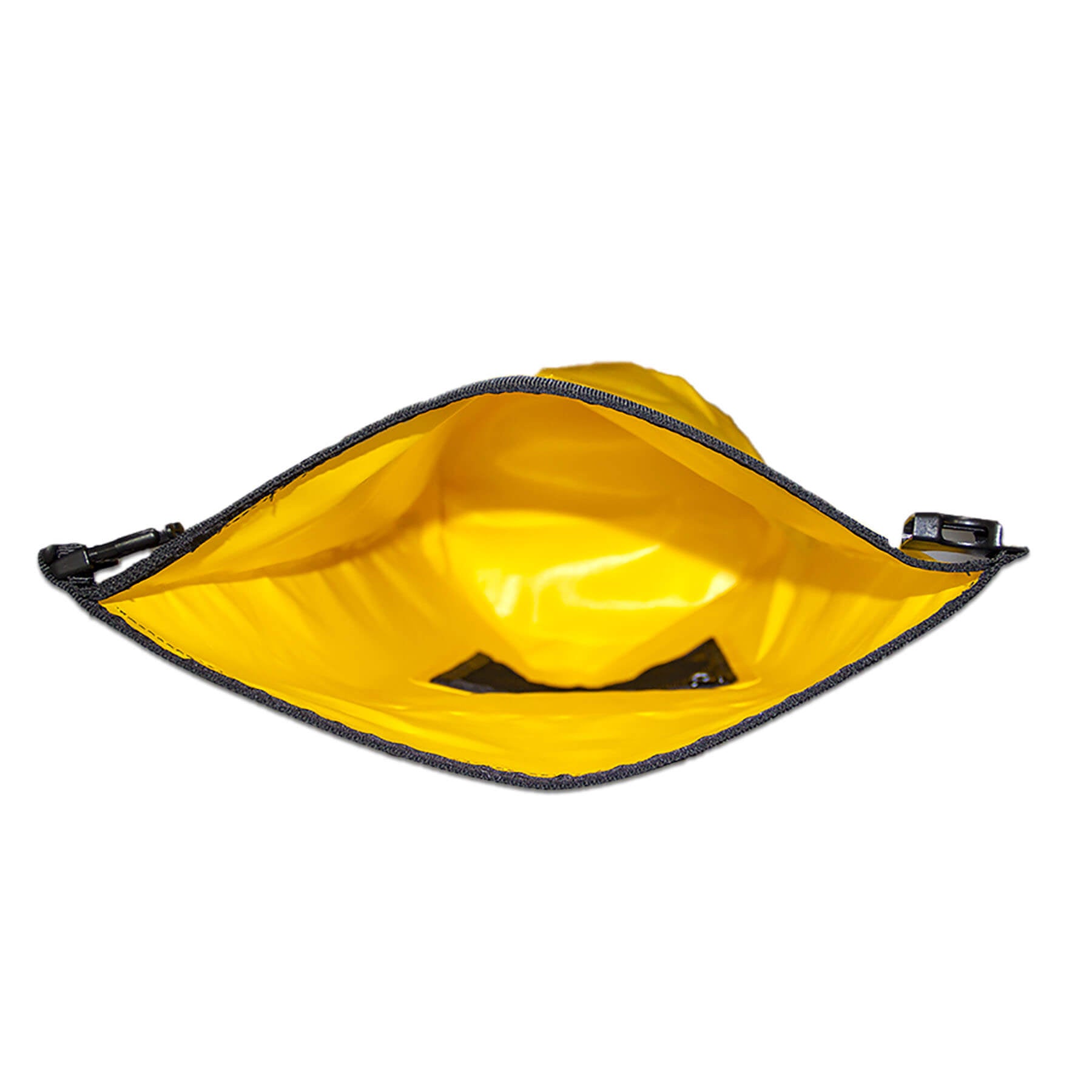 waterproof dry bag 20 litres with detachable comfort straps, D rings and handle in yellow with lemon print design inside view
