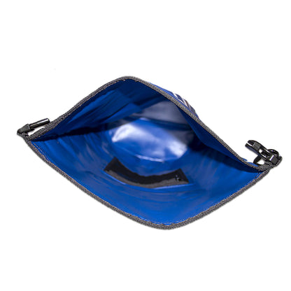 waterproof dry bag 20 litres with detachable comfort straps, D rings and handle in blue and white stripe design inside view