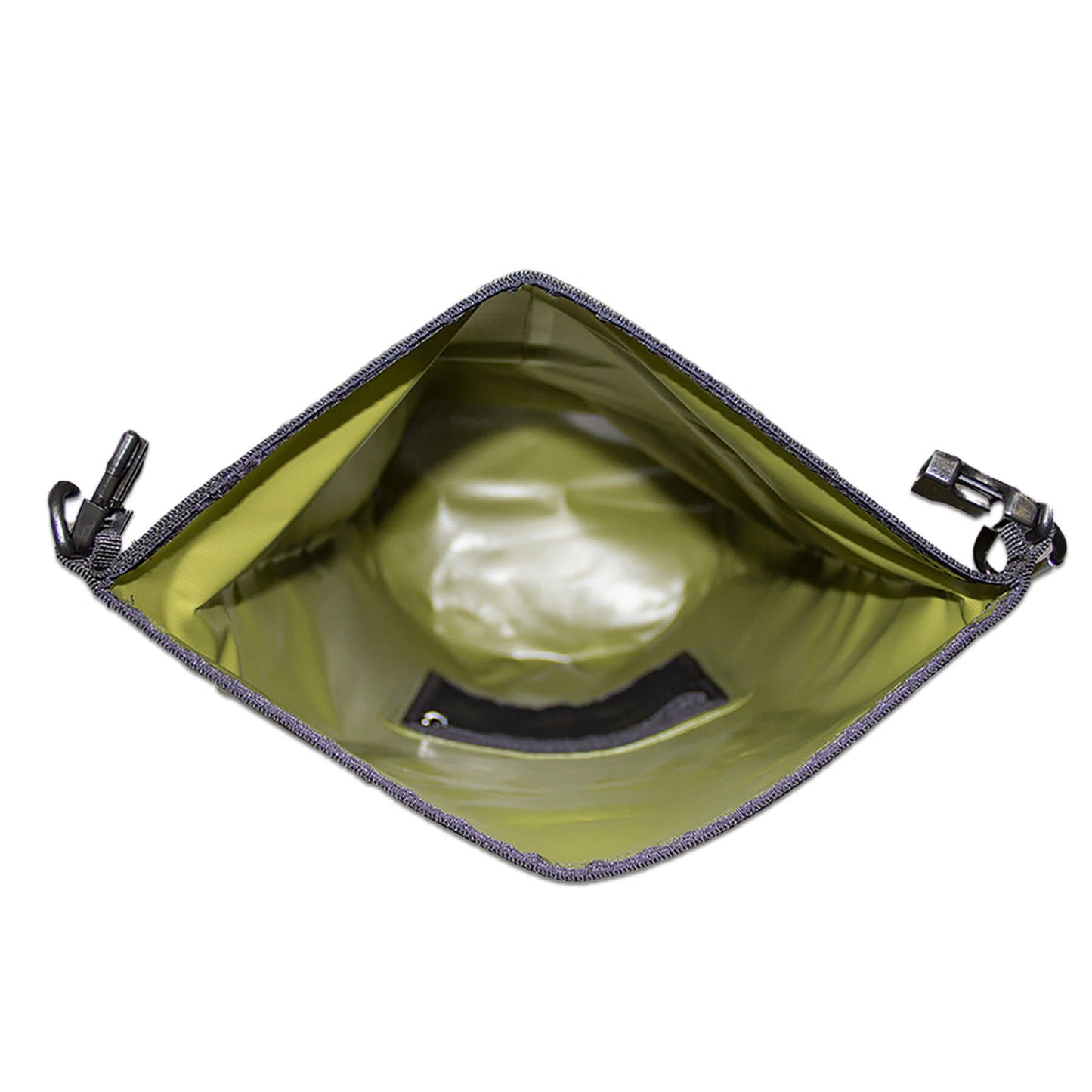 waterproof dry bag 20 litres with detachable comfort straps, D rings and handle in an olive green colour inside view