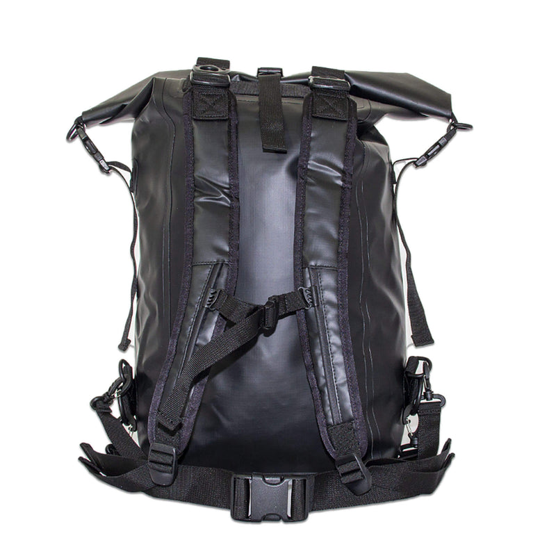 a smart looking sturdy waterproof dry bag backpack 30 litres in black back view studio shot 