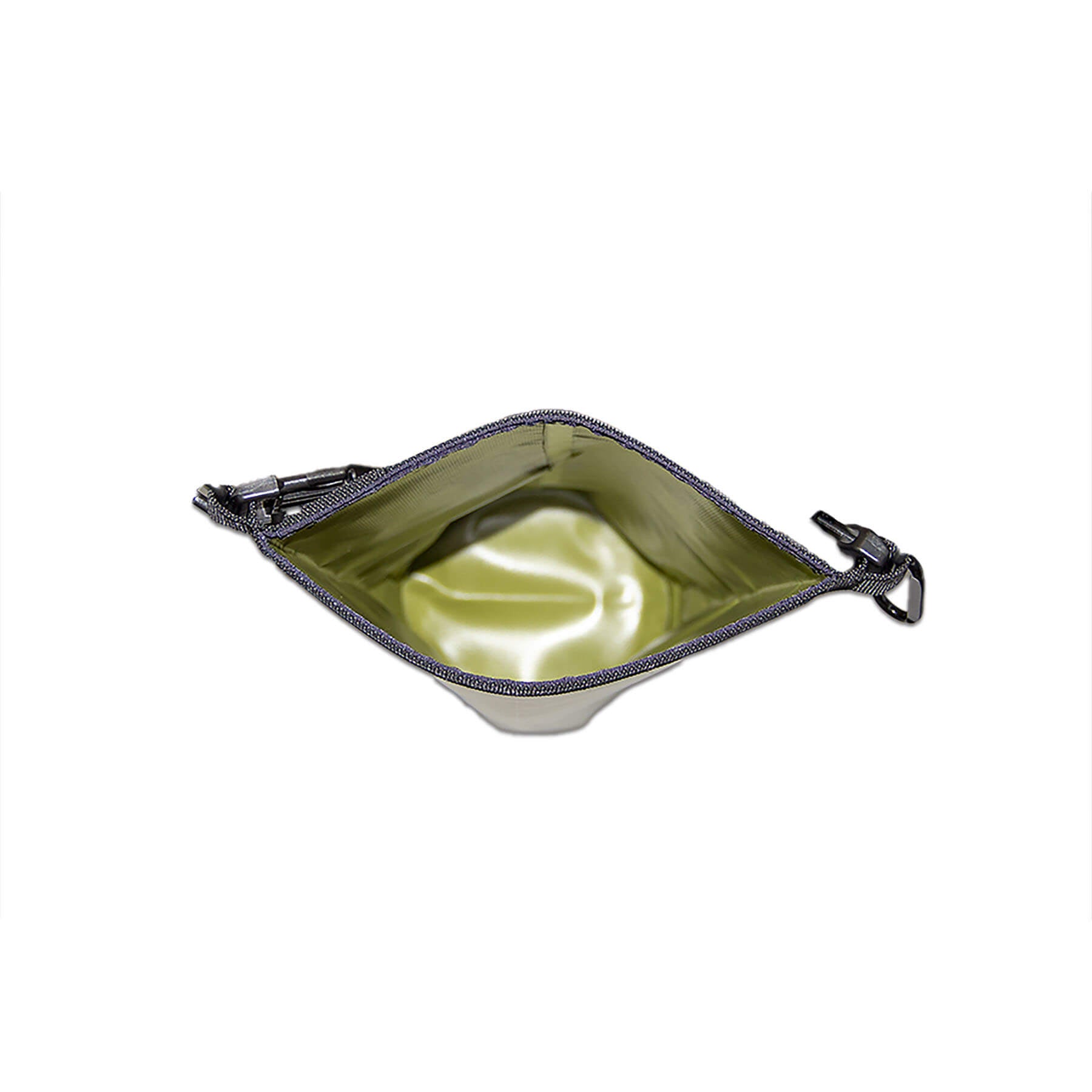 waterproof dry bag 5 litres a handy grab size with detachable straps and carabiner  in olive the inside view