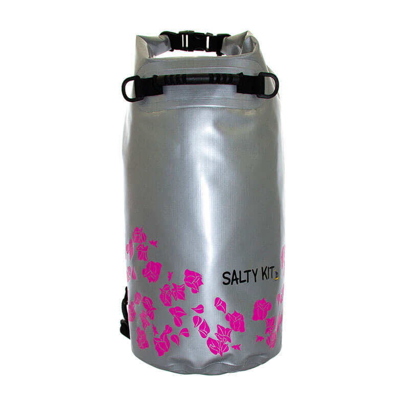 Designer Beach bag, in a Bougainvillea stylish beach bag in gloss silver and pink bougainvillea flowers.  20 litres enough for one person's day bag 